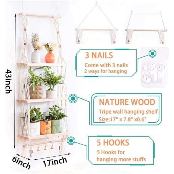 Macrame Wall Hanging Shelf 3 Tier Wood Boho Floating Shelf with Hooks Rack - Picture 3 of 7